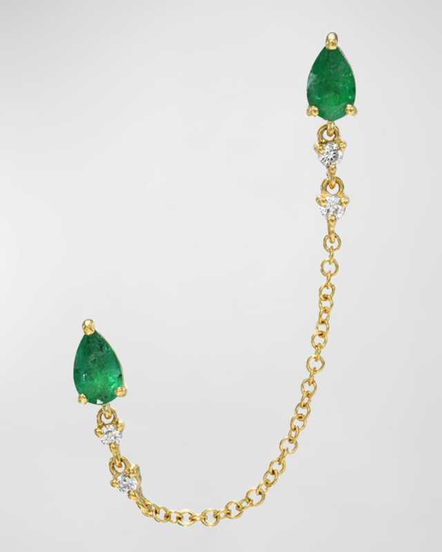 14K Gold Emerald Pear and Diamond Chain Stud Earrings